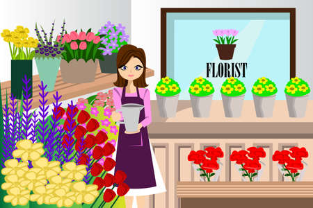 A vector illustration of beautiful florist working with bunch of different flowers in the flower shopのイラスト素材
