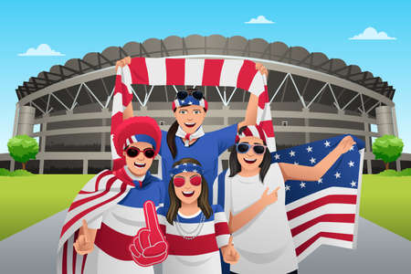 A vector illustration of soccer fans outside of the stadiumのイラスト素材