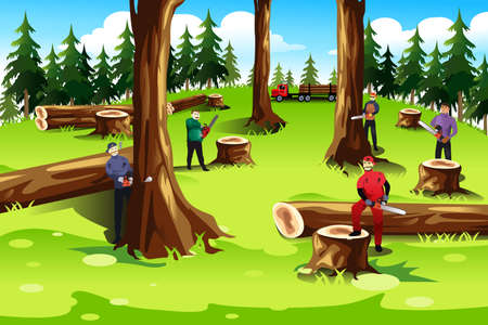 A vector illustration of people cutting down and exploiting trees in forestのイラスト素材
