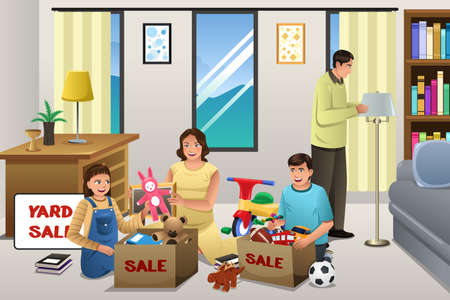 A vector illustration of family sorting items for a garage saleのイラスト素材