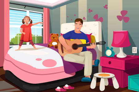 A vector illustration of Father playing guitar while her daughter dancing in bedroomのイラスト素材