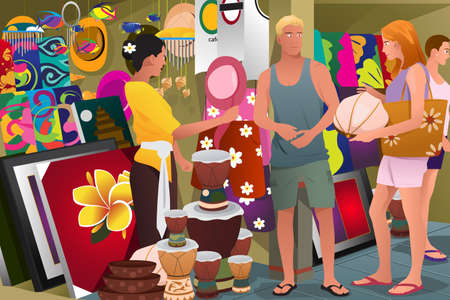 A vector illustration of tourist buying local souvenirのイラスト素材