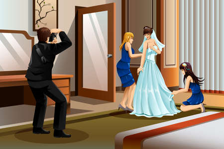 A vector illustration of a photographer taking picture of a bride wearing her wedding gownのイラスト素材