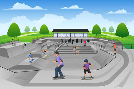 A vector illustration of people playing skateboard in a skate parkのイラスト素材