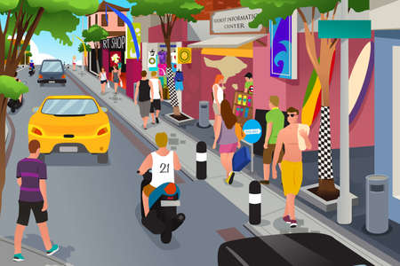 A vector illustration of tourist walking around souvenir shopsのイラスト素材