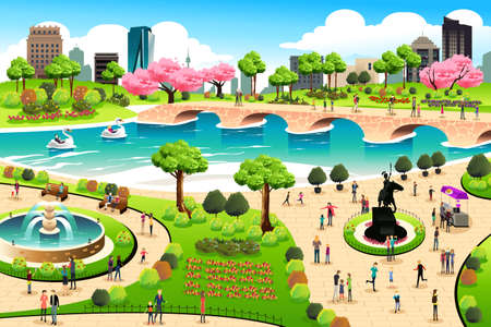 A vector illustration of people visiting a public parkのイラスト素材