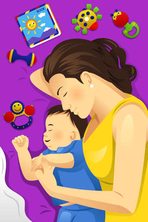 A vector illustration of happy mother sleeping together with her babyのイラスト素材