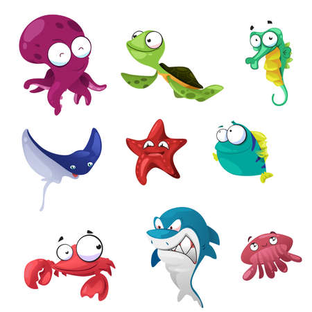 A vector illustration of cute marine animals icon setsのイラスト素材