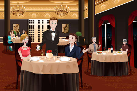 A vector illustration of a waiter in a restaurant serving customersのイラスト素材