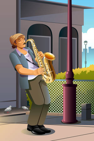 A vector illustration of man playing saxophone on the streetのイラスト素材