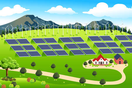 A vector illustration of wind turbines and solar panels farm