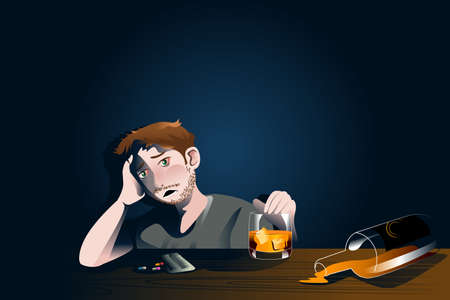 A vector illustration of drunk man with bottle of alcohol for emotional crisis conceptのイラスト素材
