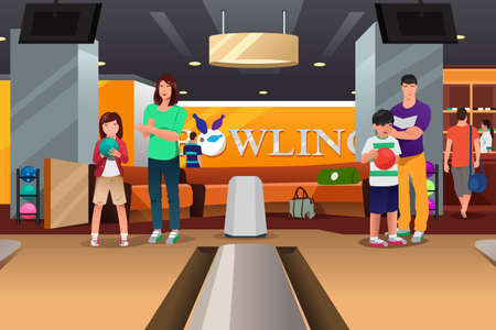 A vector illustration of happy family playing bowling togetherのイラスト素材