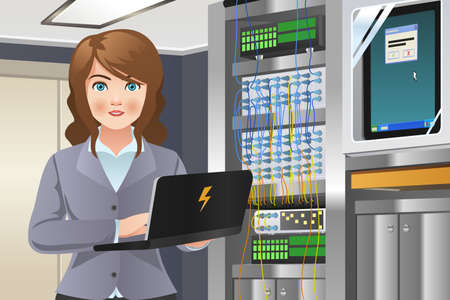 A vector illustration of woman working in computer server room