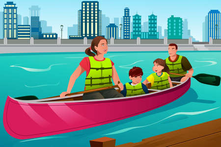 A vector illustration of happy family canoeing together on the lakeのイラスト素材