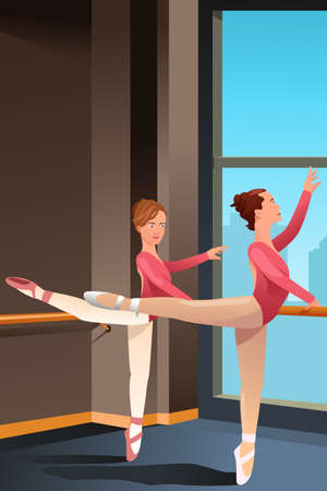 A illustration of cute ballerina girls practicing ballet dance in a studioのイラスト素材