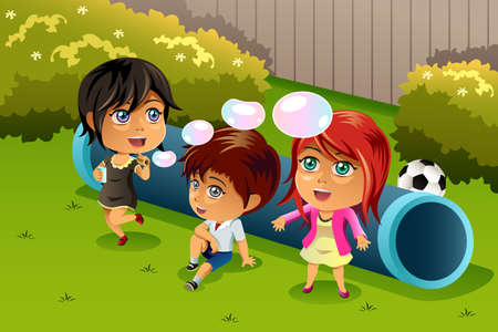 A vector illustration of happy kids playing bubbles in the parkのイラスト素材
