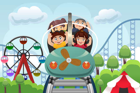 A vector illustration of happy children playing roller coaster in a amusement parkのイラスト素材