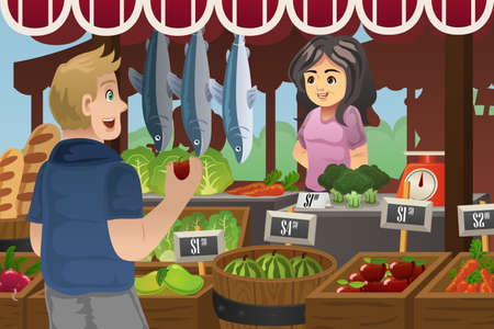 A vector illustration of man shopping in an outdoor farmers marketのイラスト素材