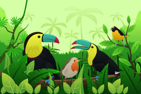 A vector illustration of birds resting on branches of treeのイラスト素材