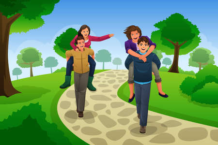 A vector illustration of happy couple having a piggyback raceのイラスト素材