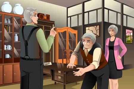 A vector illustration of mature couple buying antique furniture at the furniture storeのイラスト素材