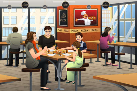 A vector illustration of happy family eating pizza togetherのイラスト素材