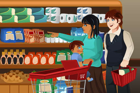 A vector illustration of happy family doing grocery shopping togetherのイラスト素材