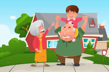 A vector illustration of happy grandparents playing with their grandsonのイラスト素材