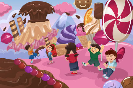 A vector illustration of happy kids playing in a dessert landのイラスト素材