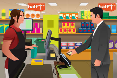 A vector illustration of man paying the cashier at the grocery store using his phoneのイラスト素材