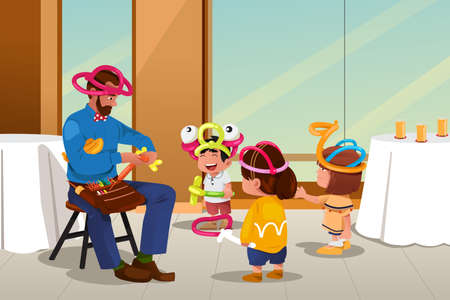 A vector illustration of balloon artist making balloons in front of kidsのイラスト素材