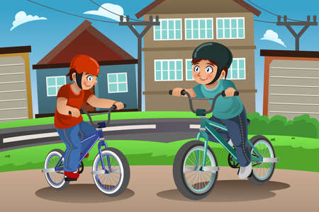 A vector illustration of happy kids riding bike togetherのイラスト素材