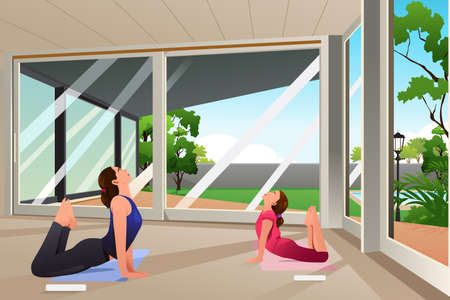 A vector illustration mother doing yoga together with her daughter at homeのイラスト素材