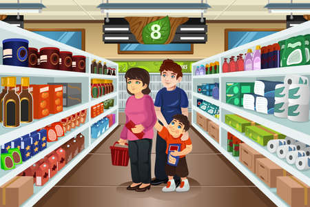 A vector illustration of happy family doing grocery shopping togetherのイラスト素材