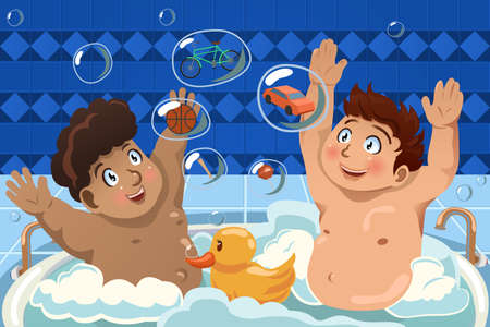 A vector illustration of kids having a bubble bath in the bathtubのイラスト素材