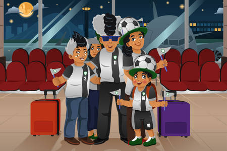 A vector illustration of soccer fans traveling in the airportのイラスト素材