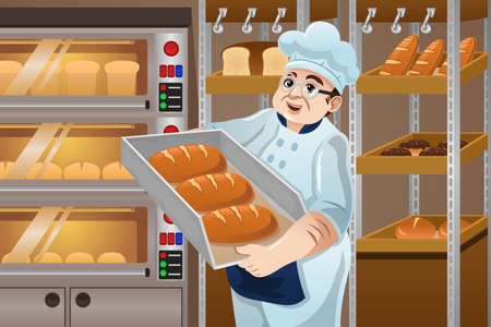 A vector illustration of happy baker holding breads in the kitchenのイラスト素材