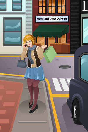A vector illustration of modern woman talking on the phone while walking in the cityのイラスト素材