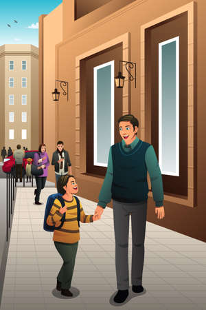 A vector illustration of father walking to school together with his sonのイラスト素材