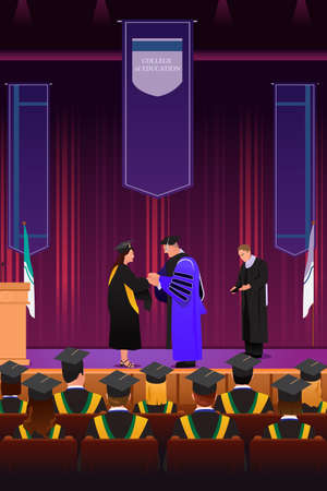 A vector illustration of graduation girl shaking hand with dean at podiumのイラスト素材