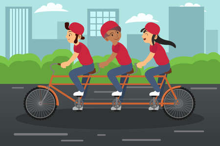 A vector illustration of kids riding a tandem bike togetherのイラスト素材