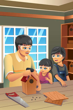 A vector illustration of father making birdhouse with his kidsのイラスト素材