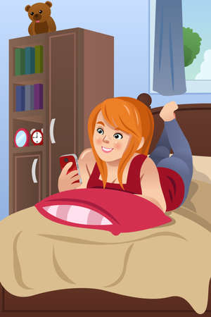 A vector illustration happy teenage girl using her cell phone in bedroomのイラスト素材
