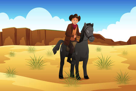 A vector illustration of young cowboy riding a horse in the desertのイラスト素材