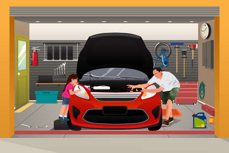 A vector illustration of father repairing car together with his daughterのイラスト素材