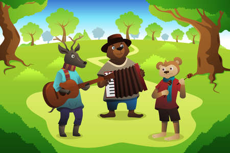 A vector illustration of animal playing music in the forestのイラスト素材