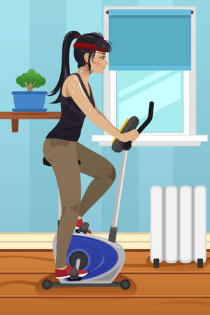 A vector illustration of young woman doing biking exercise in her homeのイラスト素材