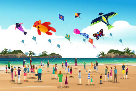 A vector illustration of people playing kites at the kite festivalのイラスト素材