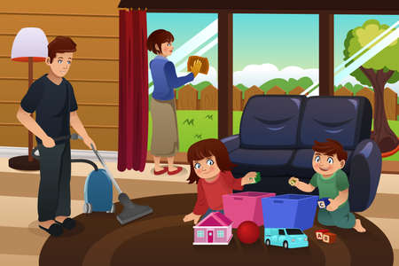 A vector illustration of whole family cleaning house togetherのイラスト素材